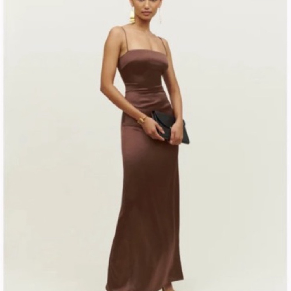 Reformation Frankie Brown Satin Spaghetti-Strap Maxi Dress